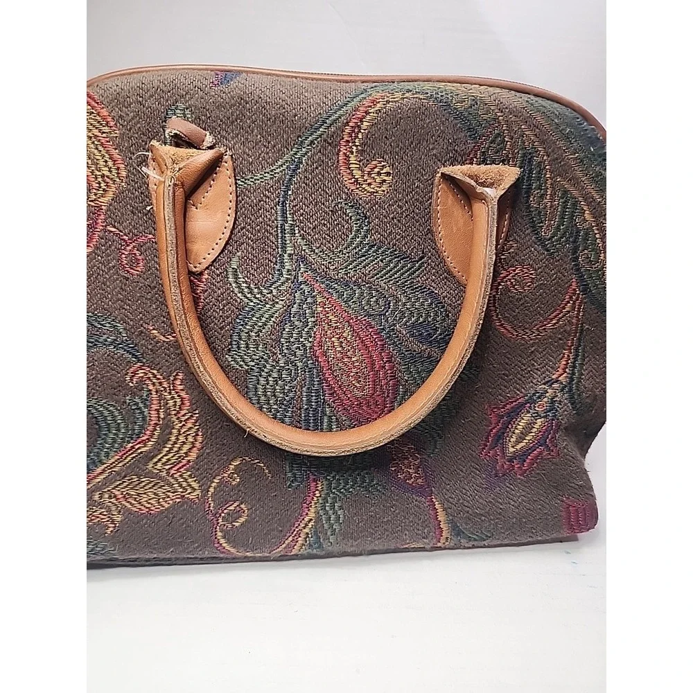 Heckathorn‎ Tapestry Purse Floral Paisley Boho Red Green Earthy Leather Handles